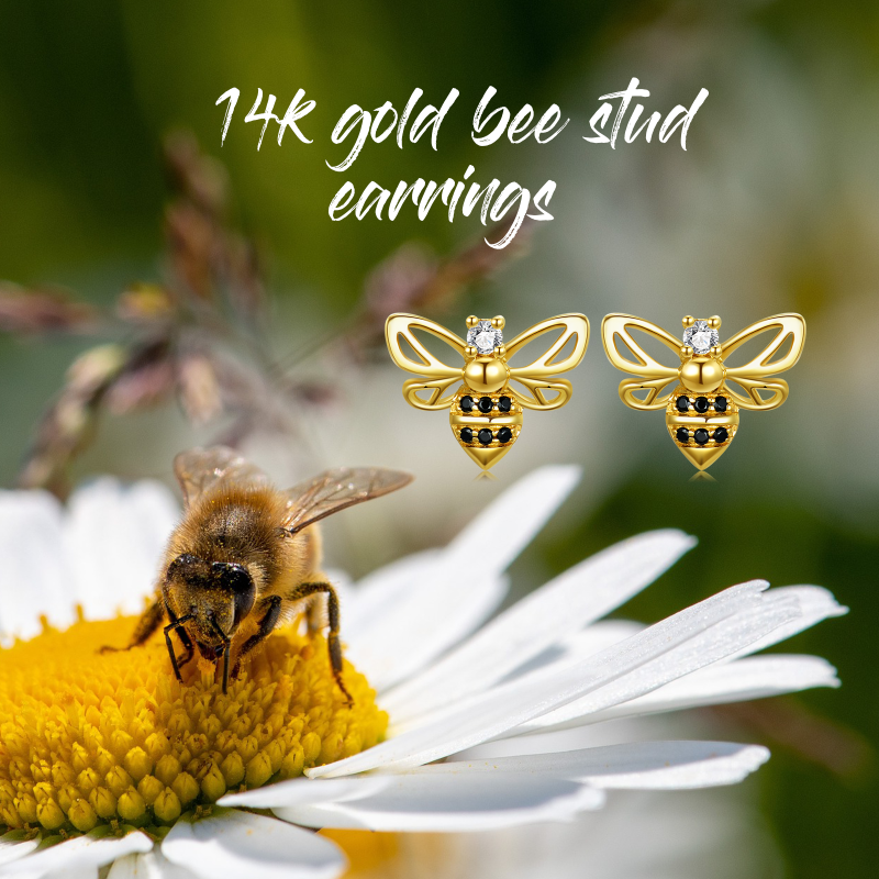 10K Gold Circular Cubic Zirconia Bee Stud Earrings-6