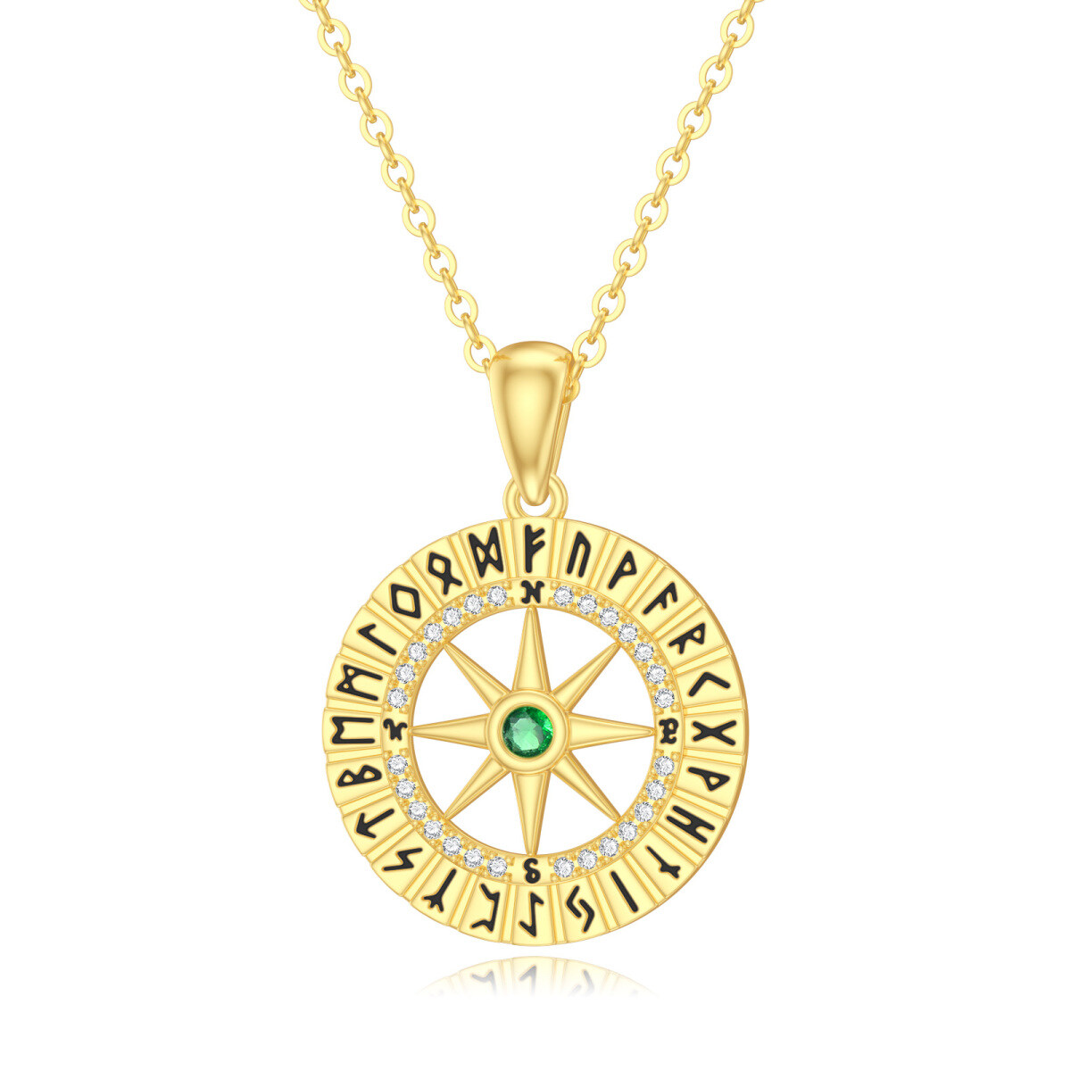 14K Gold Circular Cubic Zirconia Compass Pendant Necklace-1