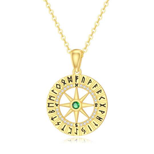 10K Gold Circular Cubic Zirconia Compass Pendant Necklace