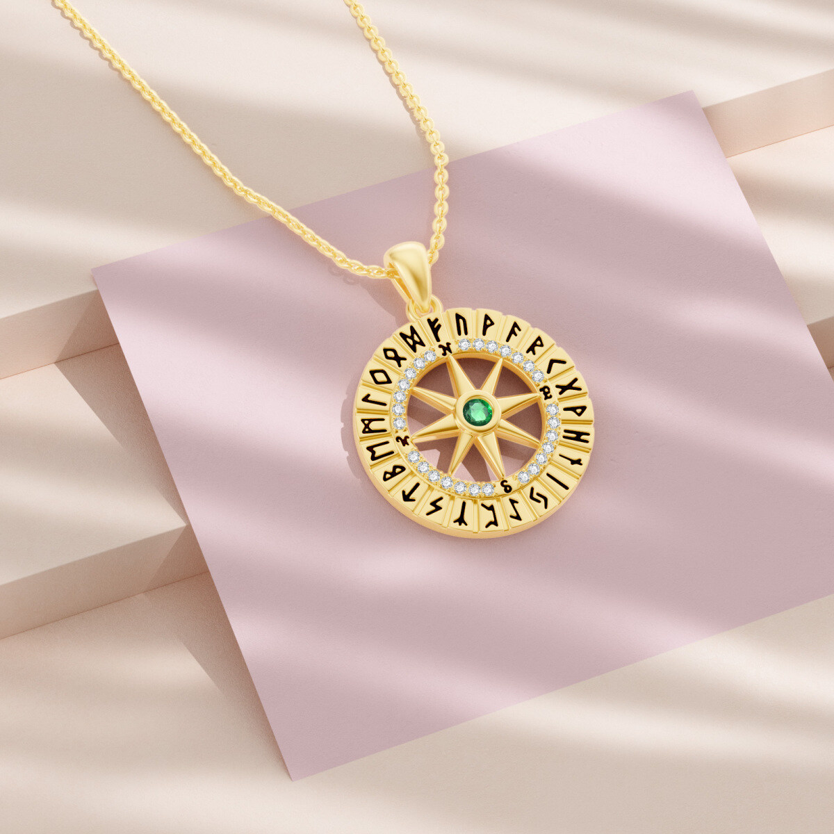 10K Gold Circular Cubic Zirconia Compass Pendant Necklace-3