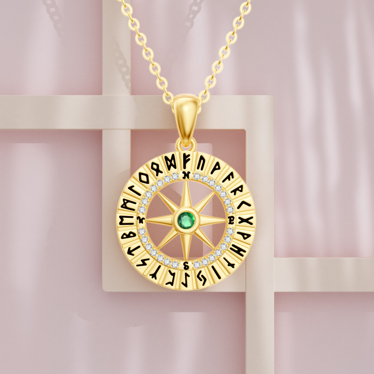 14K Gold Circular Cubic Zirconia Compass Pendant Necklace-4