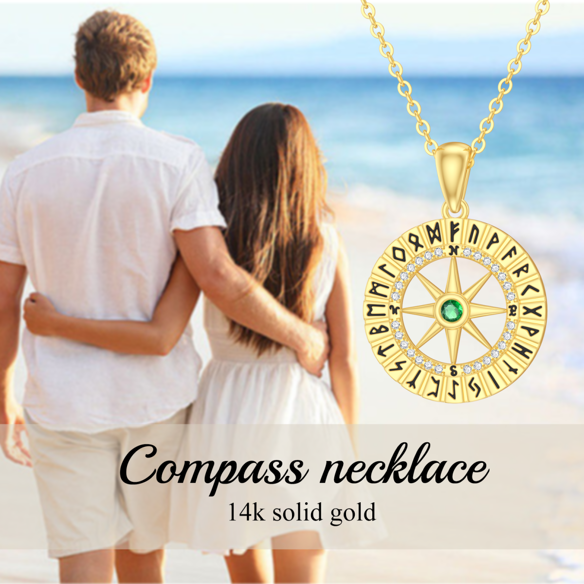 14K Gold Circular Cubic Zirconia Compass Pendant Necklace-6