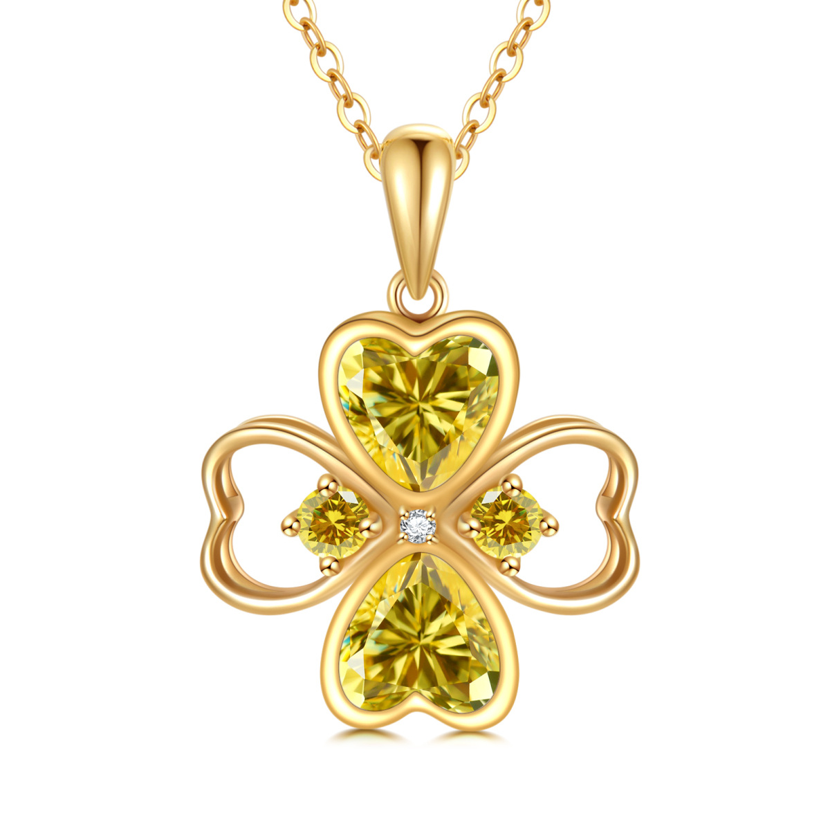 Collana con ciondolo a forma di quadrifoglio con zirconi cubici gialli e cuore circolare in oro 18K-1