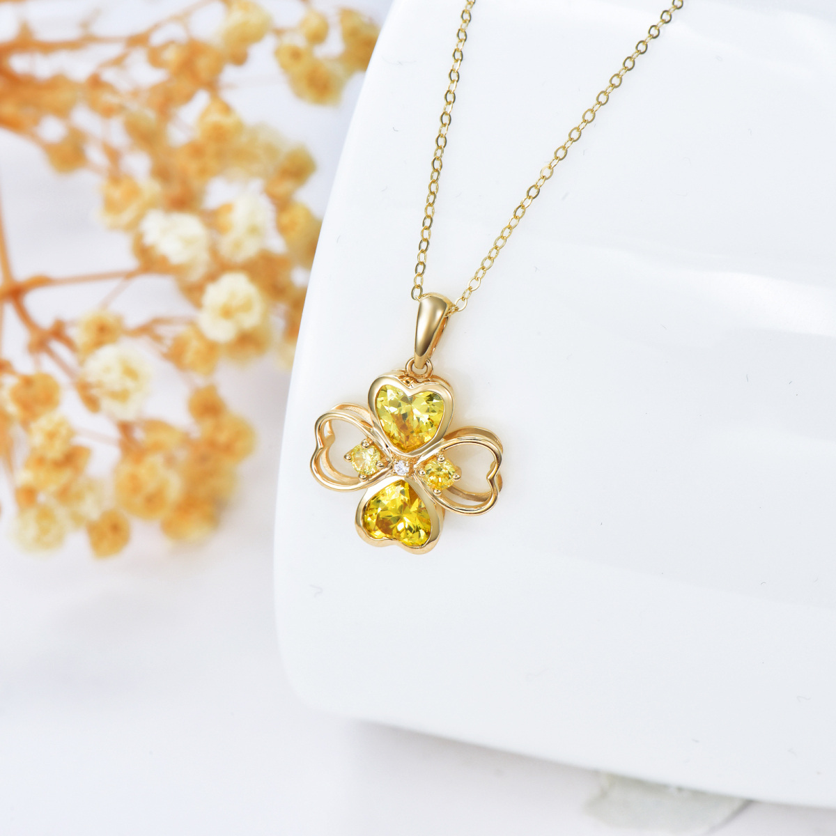 14K Gold Circular & Heart Yellow Cubic Zirconia Four Leaf Clover Pendant Necklace-3