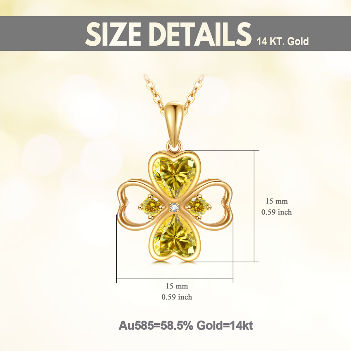 Collana con ciondolo a forma di quadrifoglio con zirconi cubici gialli e cuore circolare in oro 18K-5