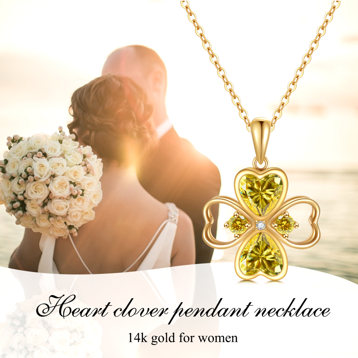 Collana con ciondolo a forma di quadrifoglio con zirconi cubici gialli e cuore circolare in oro 14K-6