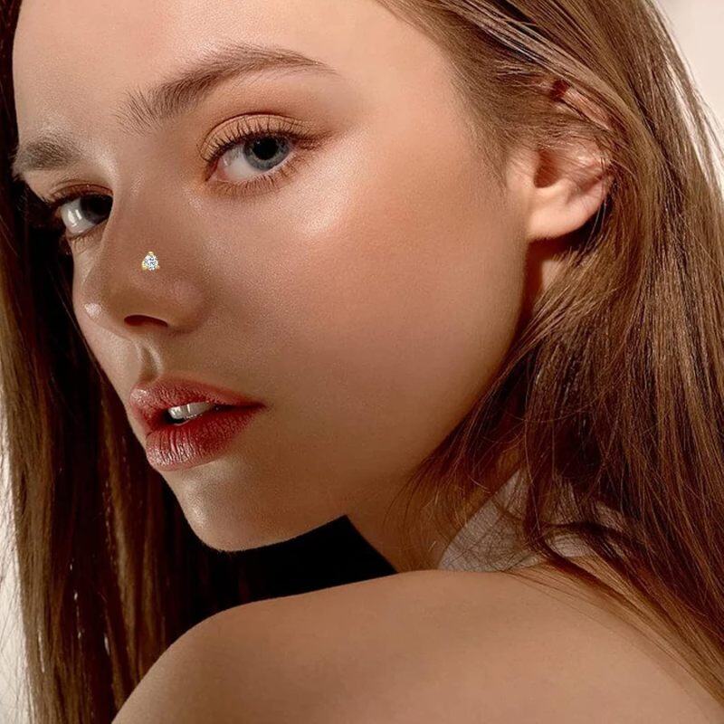 Złoty kolczyk do nosa z okrągłym koralikiem moissanitu 10K-2