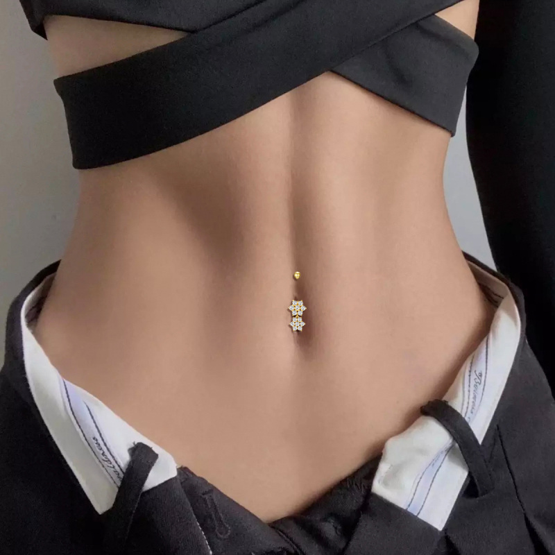 Piercing para umbigo em ouro branco 10K com moissanita de corte redondo e flores silvestres-2