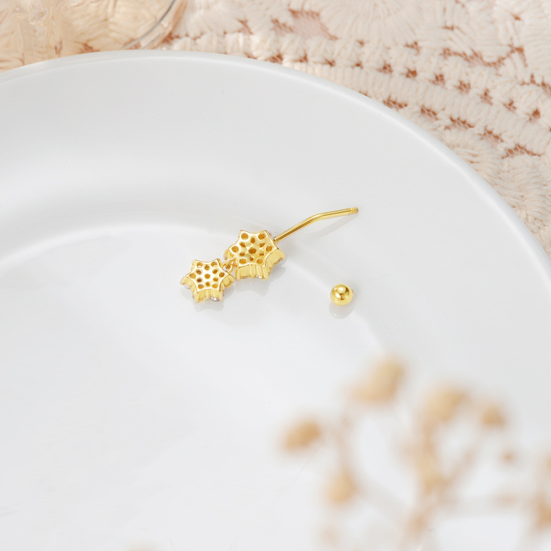 Piercing para umbigo em ouro branco 10K com moissanita de corte redondo e flores silvestres-3