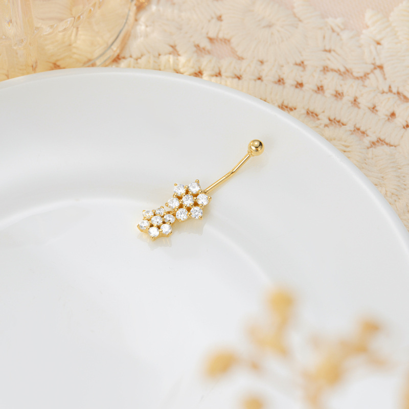 Piercing para umbigo em ouro branco 10K com moissanita de corte redondo e flores silvestres-4