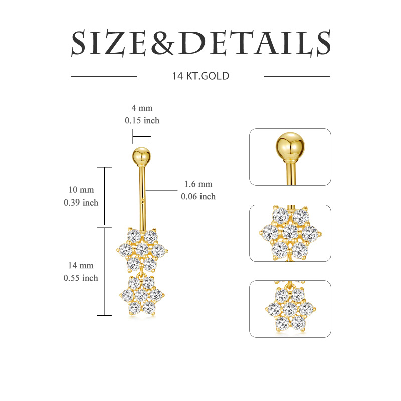 Piercing para umbigo em ouro branco 10K com moissanita de corte redondo e flores silvestres-5