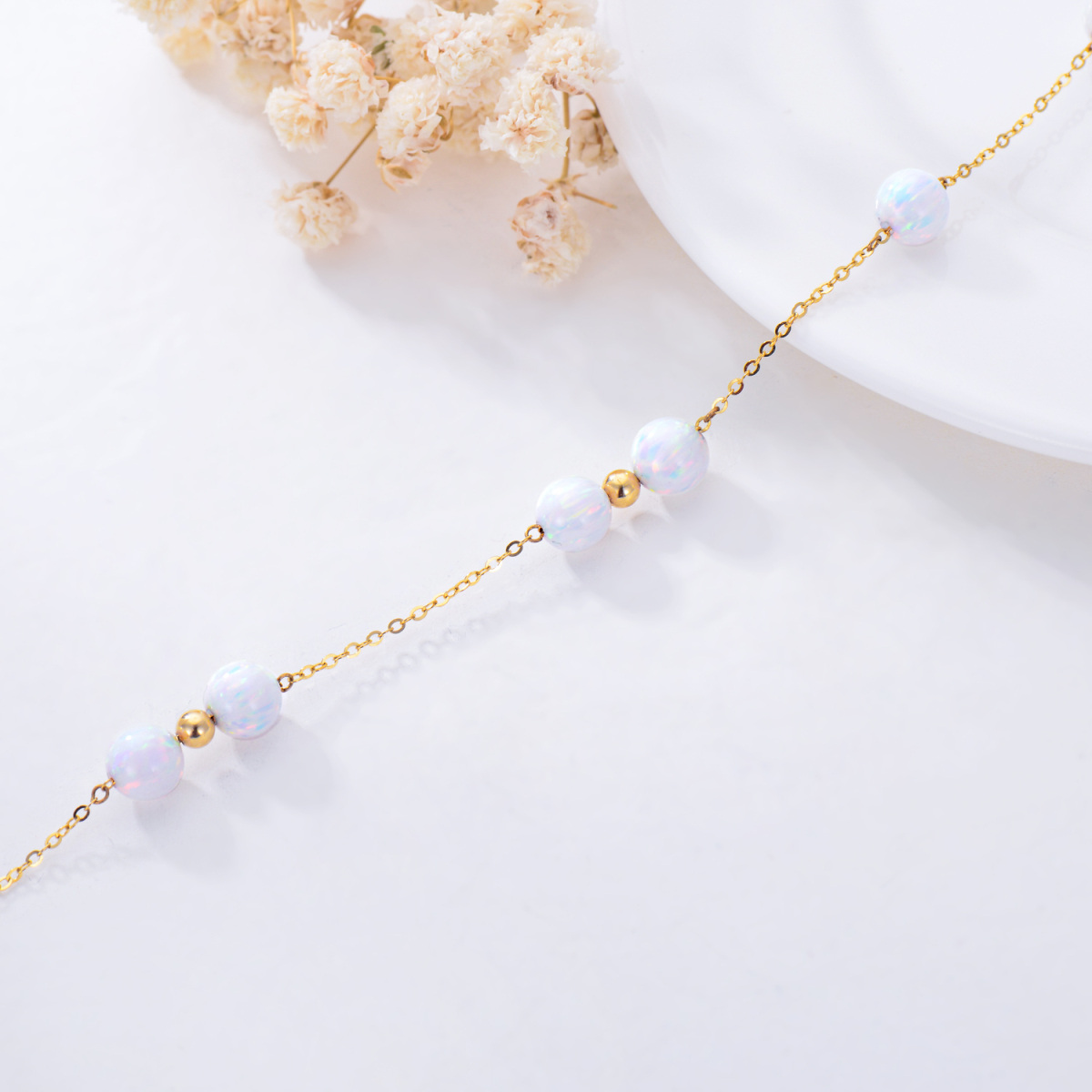 14K Gold Fußkettchen mit rundem Opal, einreihig-4