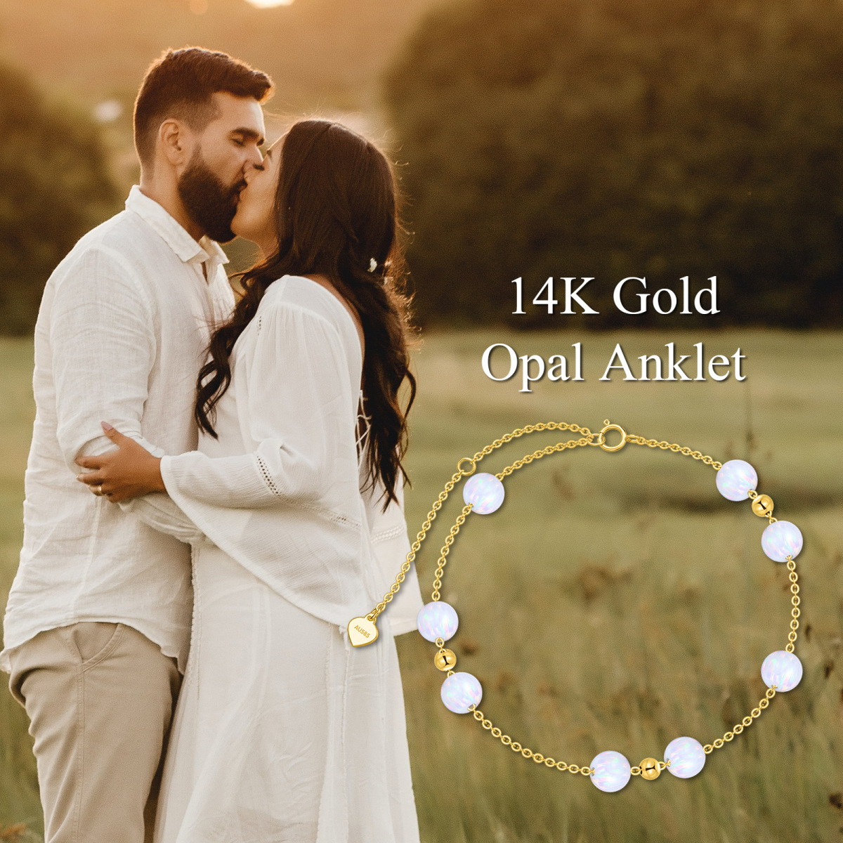 10K Gold Fußkettchen mit rundem Opal, einreihig-5