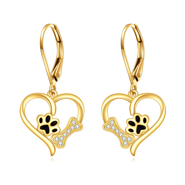 10K Yellow Gold Circular Cubic Zirconia Paw With Bone Heart Lever-Back Earrings For Women-1