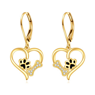 10K Yellow Gold Circular Cubic Zirconia Paw With Bone Heart Lever-Back Earrings For Women-16