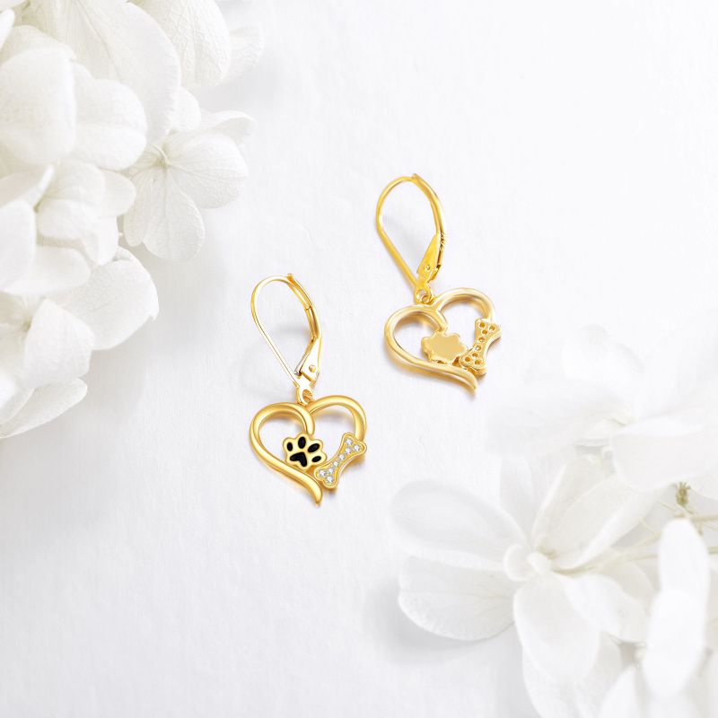 18K Yellow Gold Circular Cubic Zirconia Paw With Bone Heart Lever-Back Earrings For Women-3