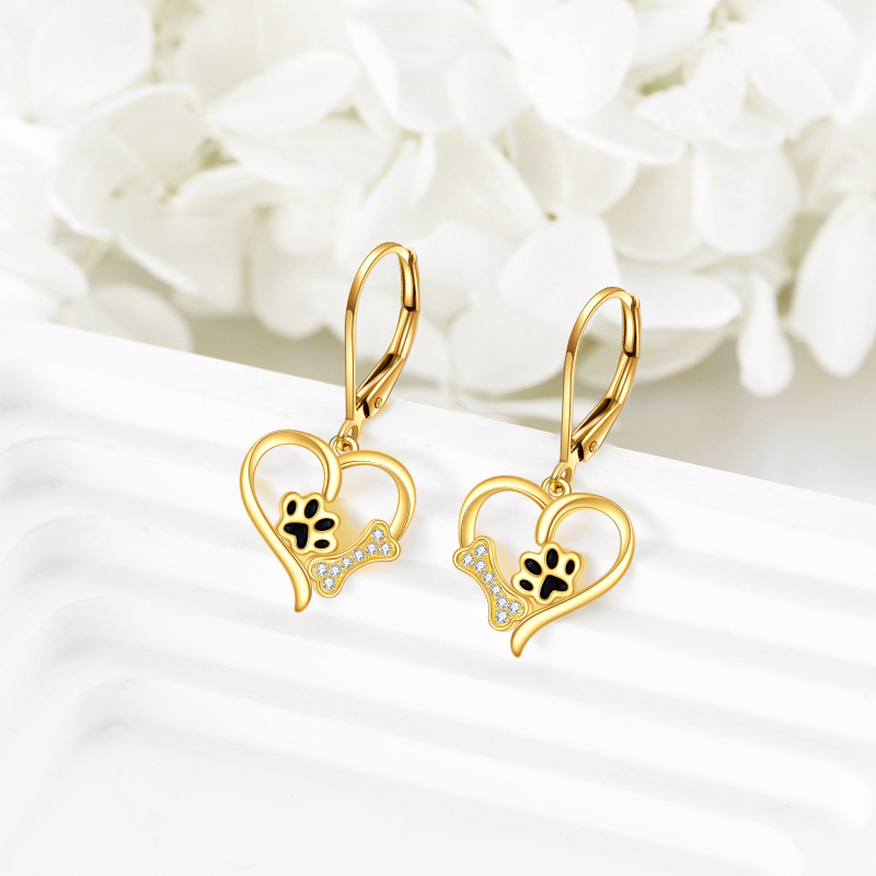 18K Yellow Gold Circular Cubic Zirconia Paw With Bone Heart Lever-Back Earrings For Women-4