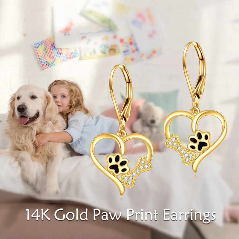 18K Yellow Gold Circular Cubic Zirconia Paw With Bone Heart Lever-Back Earrings For Women-6