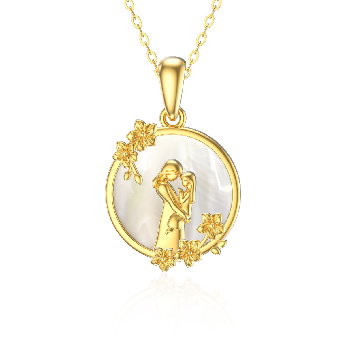 14K Gold Circular Shaped Abalone Shellfish Mother & Daughter Pendant Necklace-1