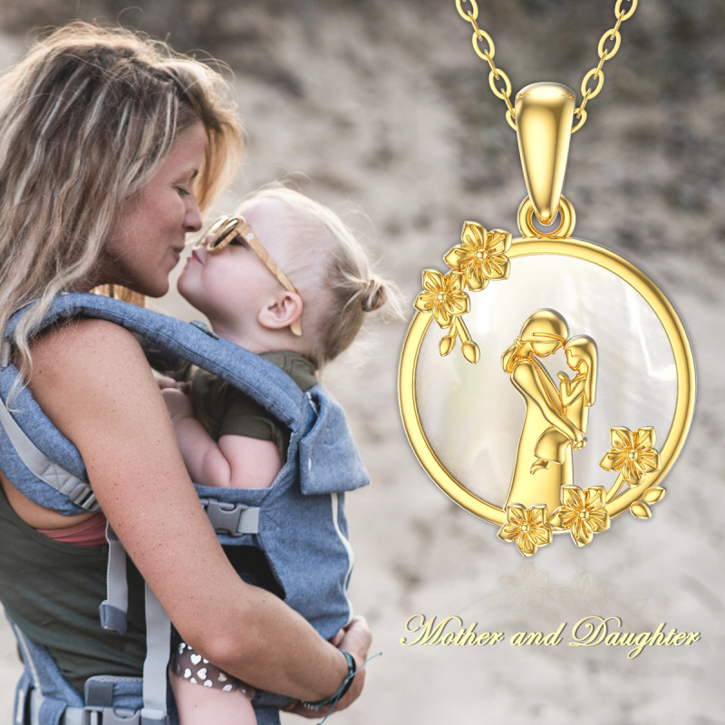 10K Gold Abalone Shellfish Cubic Zirconia Parents & Children Pendant Necklace For Mother-3