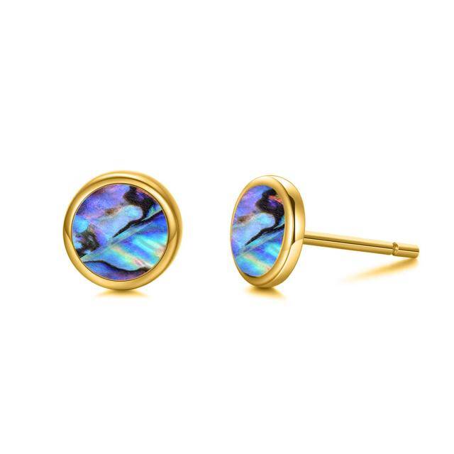 14K Gold Circular Shaped Abalone Shellfish Round Stud Earrings-1