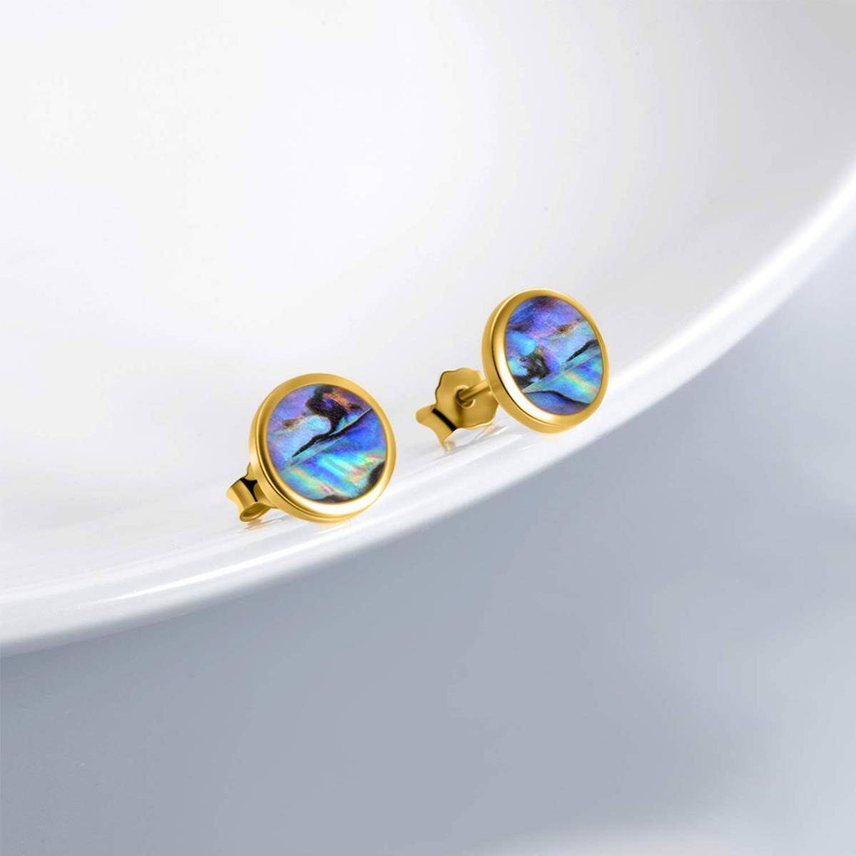 14K Gold Circular Shaped Abalone Shellfish Round Stud Earrings-2