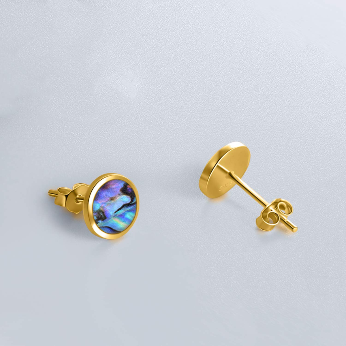 14K Gold Circular Shaped Abalone Shellfish Round Stud Earrings-3