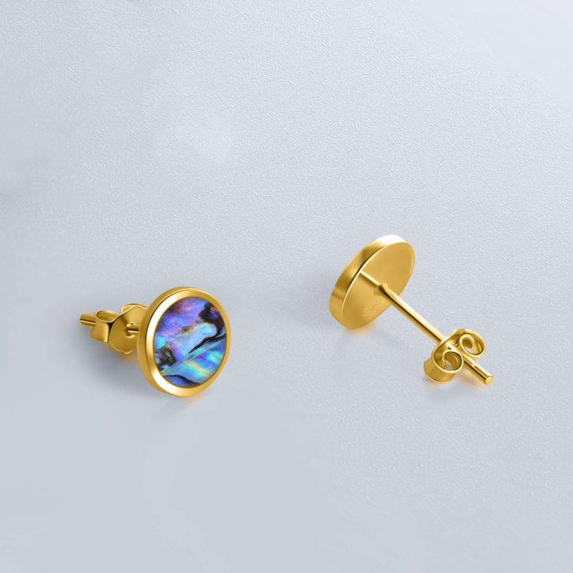 14K Gold Circular Shaped Abalone Shellfish Round Stud Earrings-3