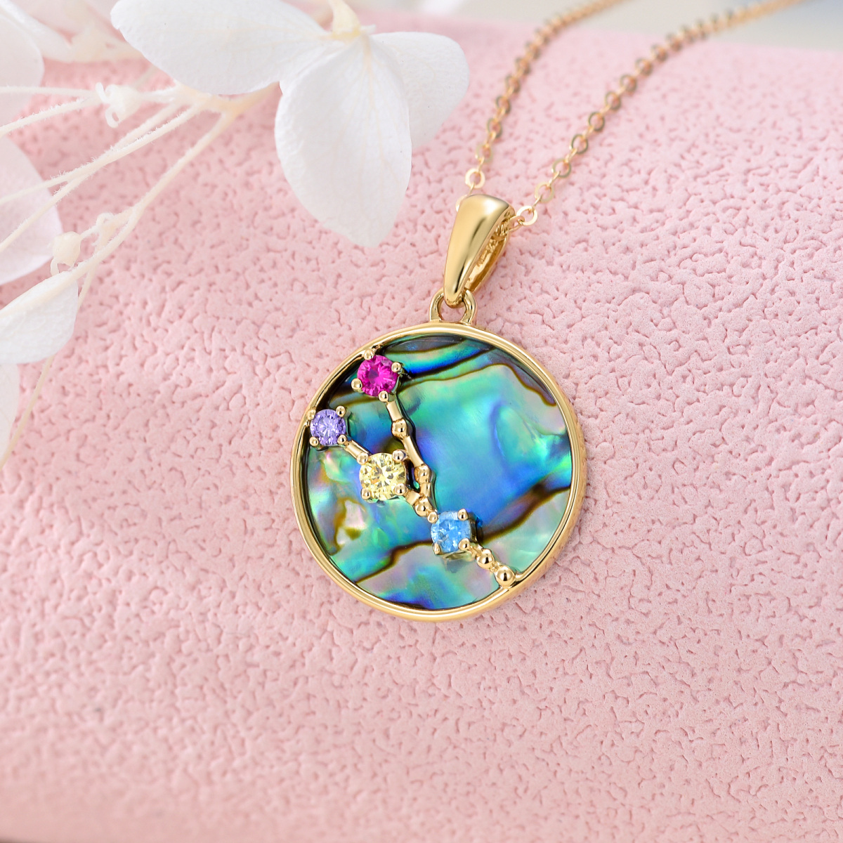 14K Gold Circular Shaped Abalone Shellfish Taurus Circle Pendant Necklace-3