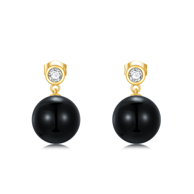 10K Gold Circular Shaped Agate Spherical Drop Earrings-1