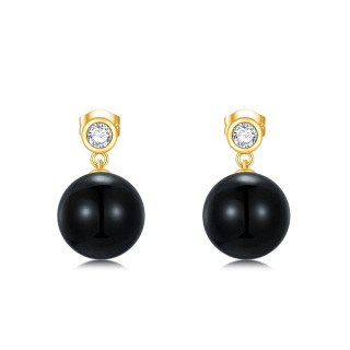 10K Gold Circular Shaped Agate Spherical Drop Earrings-24