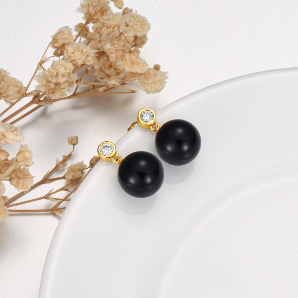 10K Gold Circular Shaped Agate Spherical Drop Earrings-4