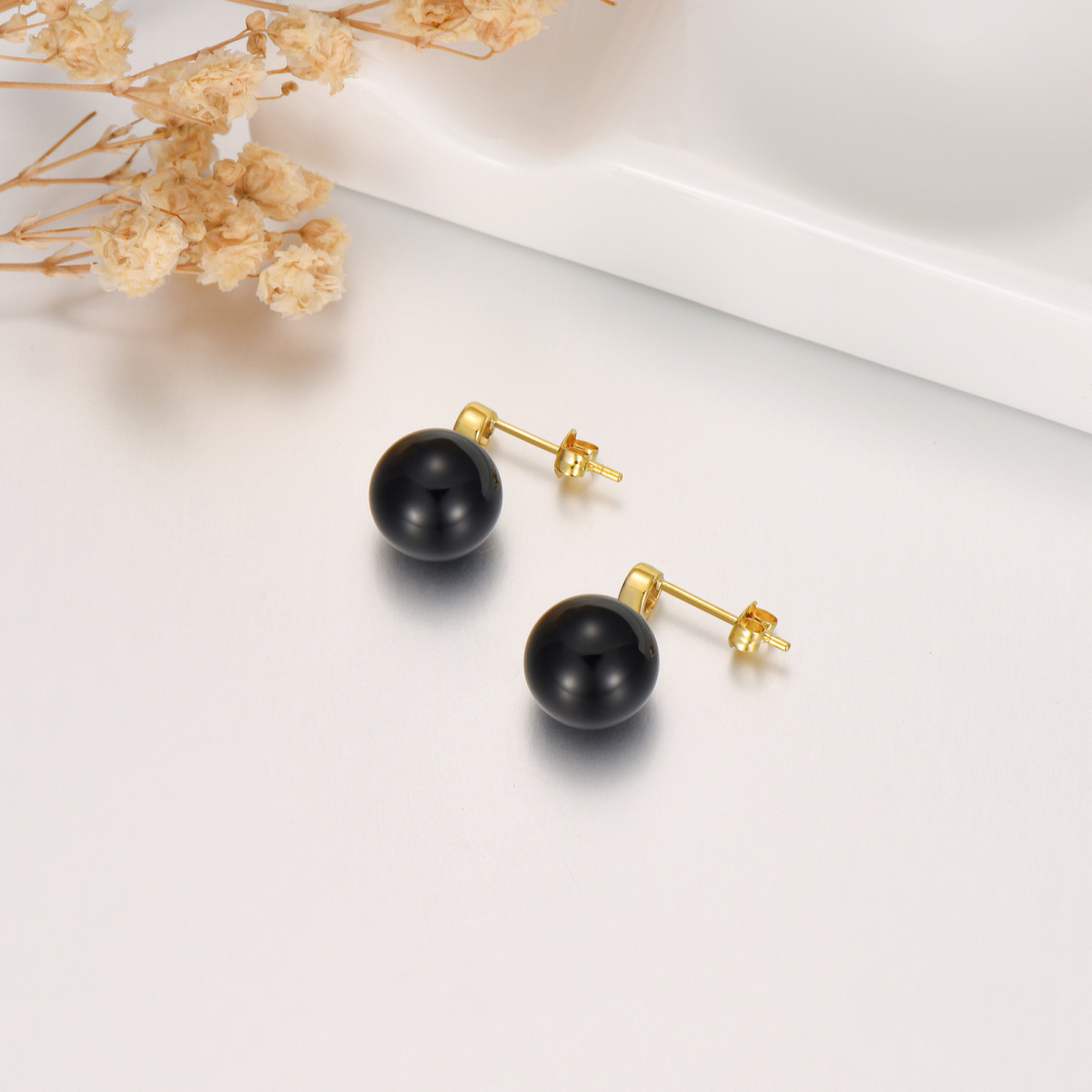 10K Gold Circular Shaped Agate Spherical Drop Earrings-5