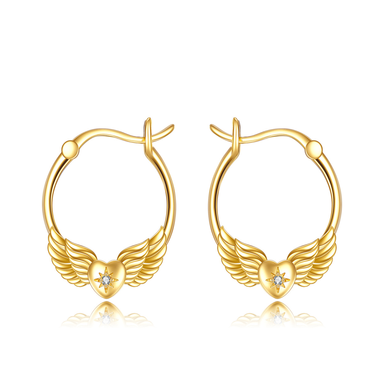 10K Gold Circular Shaped Cubic Zirconia Angel Wing Drop Earrings-1