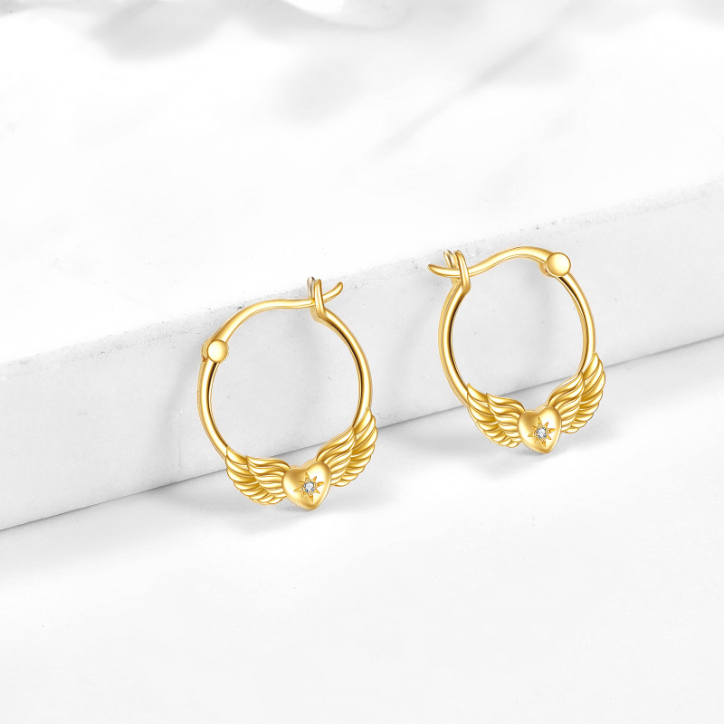 18K Gold Circular Shaped Cubic Zirconia Angel Wing Drop Earrings-4