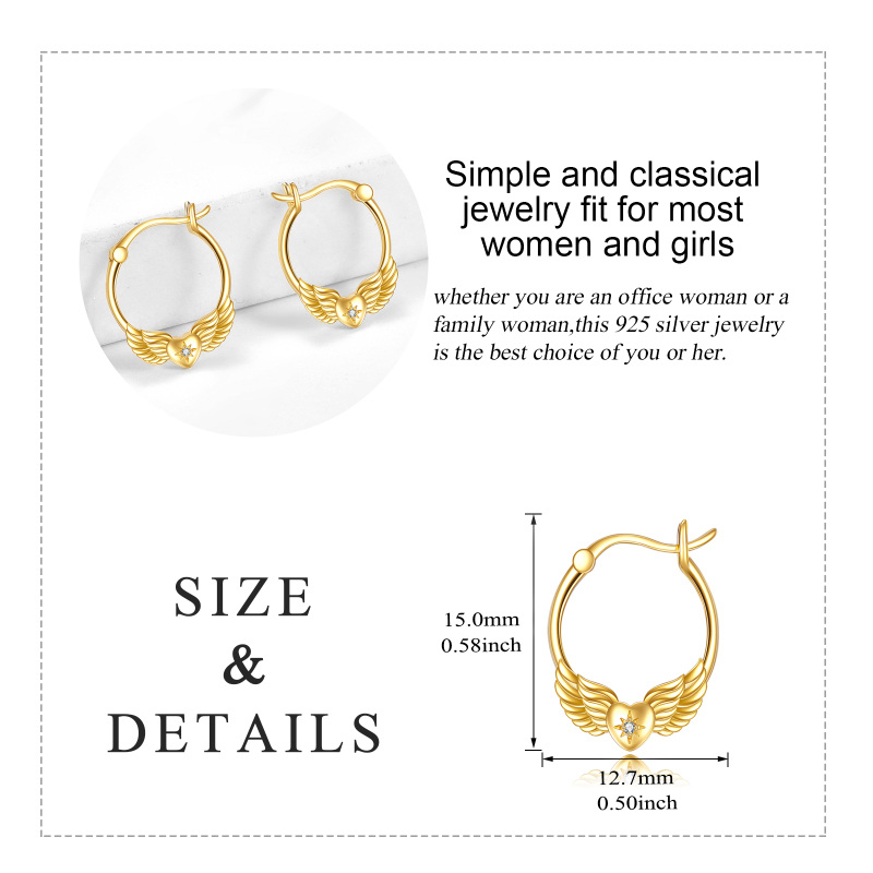 18K Gold Circular Shaped Cubic Zirconia Angel Wing Drop Earrings-5