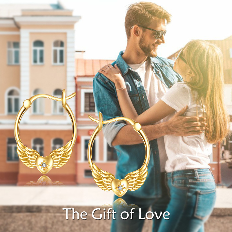 18K Gold Circular Shaped Cubic Zirconia Angel Wing Drop Earrings-6