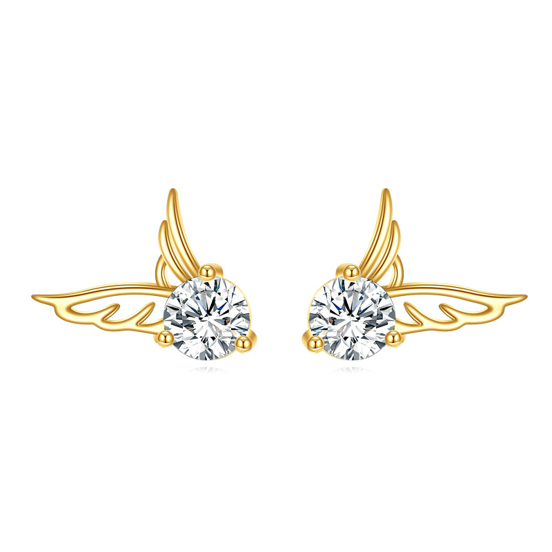 10K Gold Circular Shaped Cubic Zirconia Angel Wing Stud Earrings-1