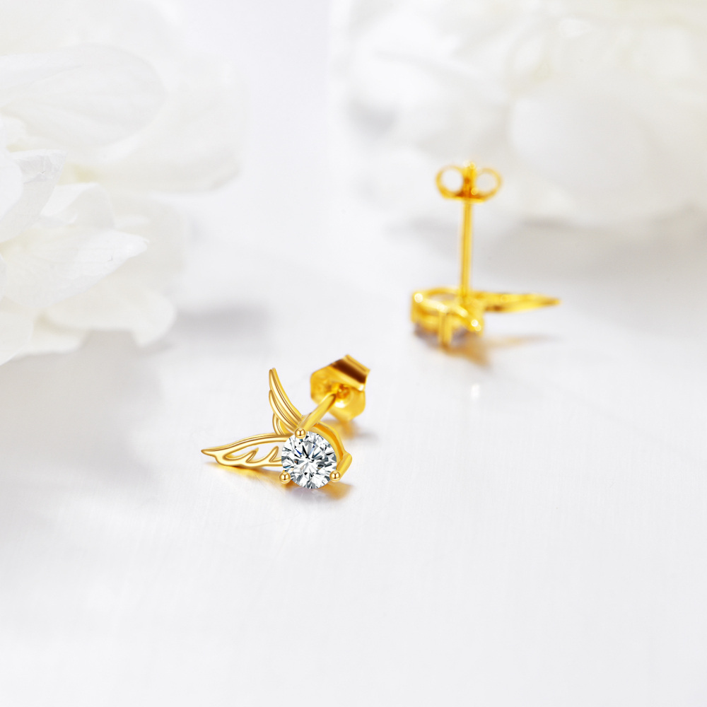 10K Gold Circular Shaped Cubic Zirconia Angel Wing Stud Earrings-4