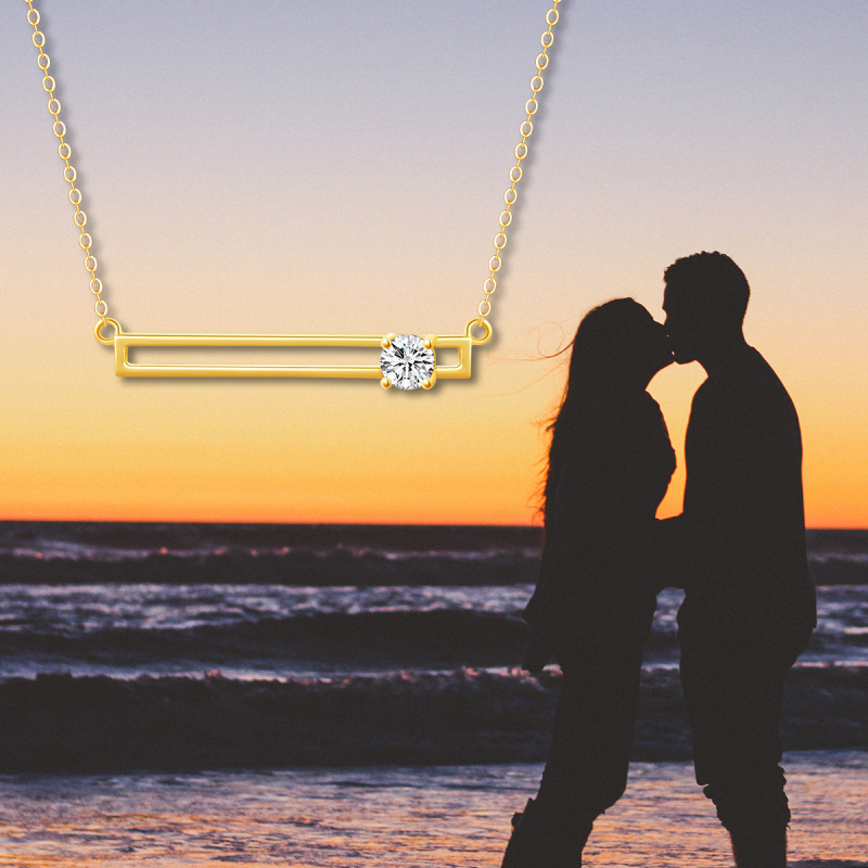 Collar con barra de circonita cúbica de corte redondo en oro rosa de 10 quilates-3