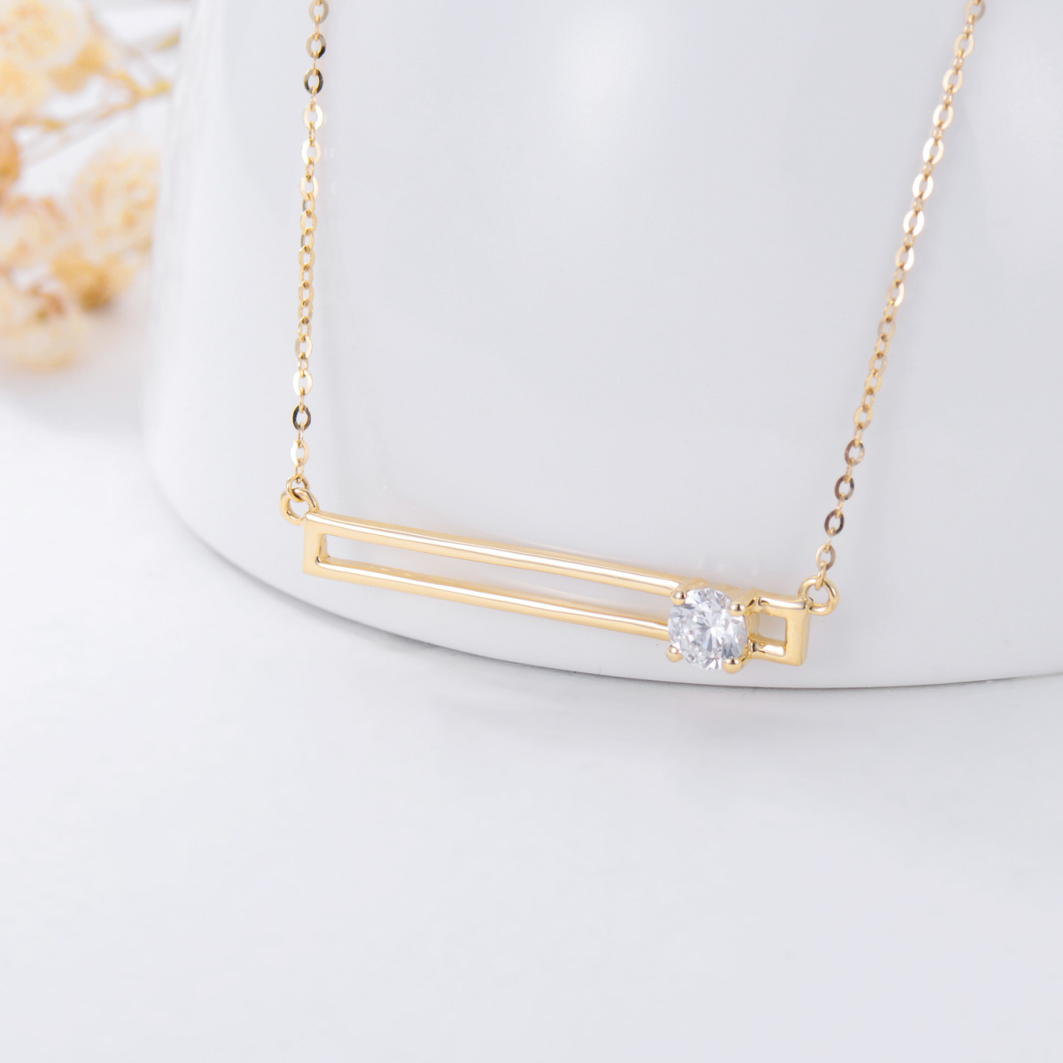 14K Gold Circular Shaped Cubic Zirconia Bar Necklace-4