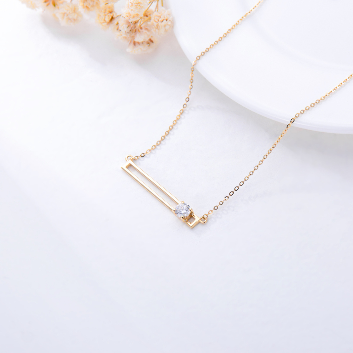 14K Gold Circular Shaped Cubic Zirconia Bar Necklace-5