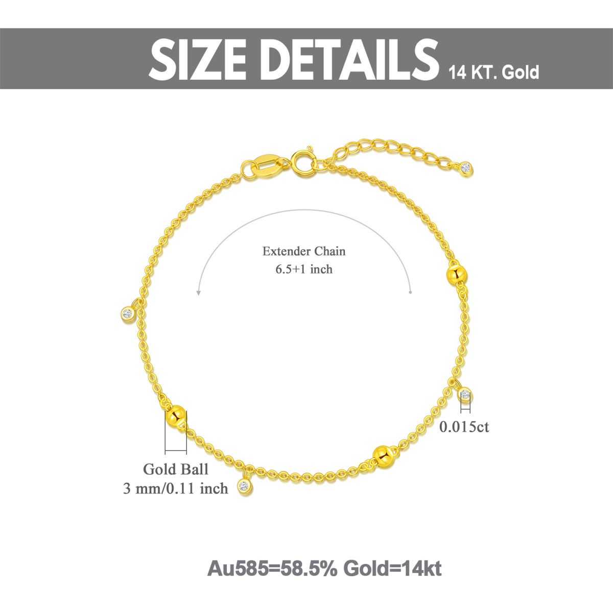 14K Gold Circular Shaped Cubic Zirconia Bead Pendant Bracelet-6