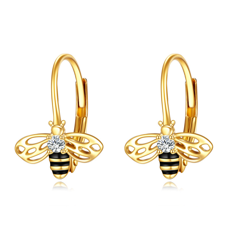 10K Gold Circular Shaped Cubic Zirconia Bee Lever-back Earrings-1