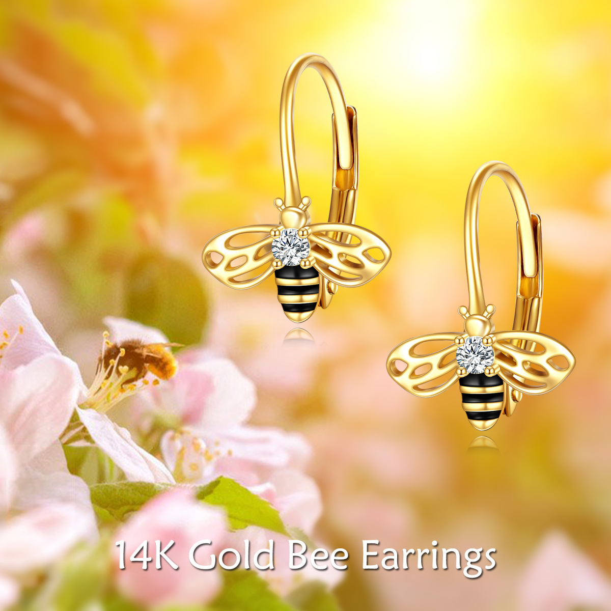 10K Gold Circular Shaped Cubic Zirconia Bee Lever-back Earrings-6