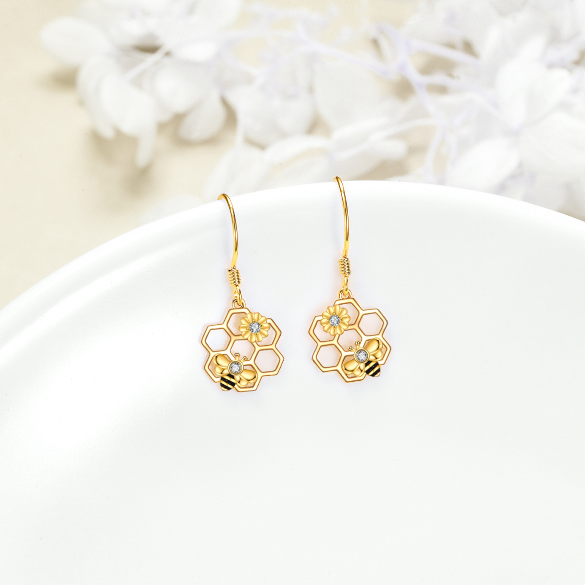 10K Gold Circular Shaped Cubic Zirconia Bee & Sunflower Drop Earrings-3