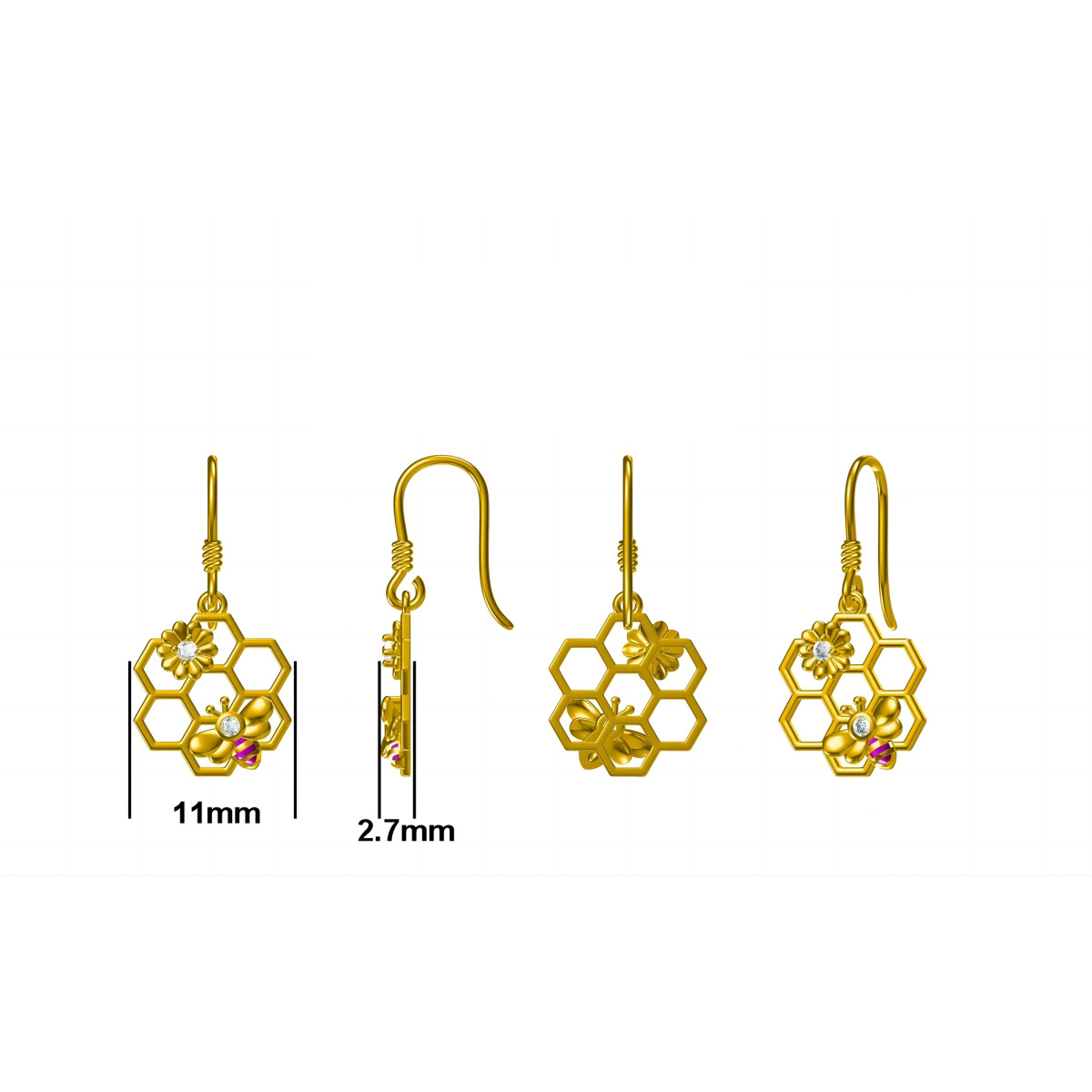 10K Gold Circular Shaped Cubic Zirconia Bee & Sunflower Drop Earrings-4