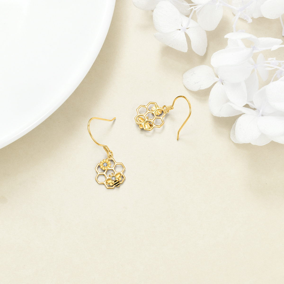 14K Gold Circular Shaped Cubic Zirconia Bee & Sunflower Drop Earrings-5