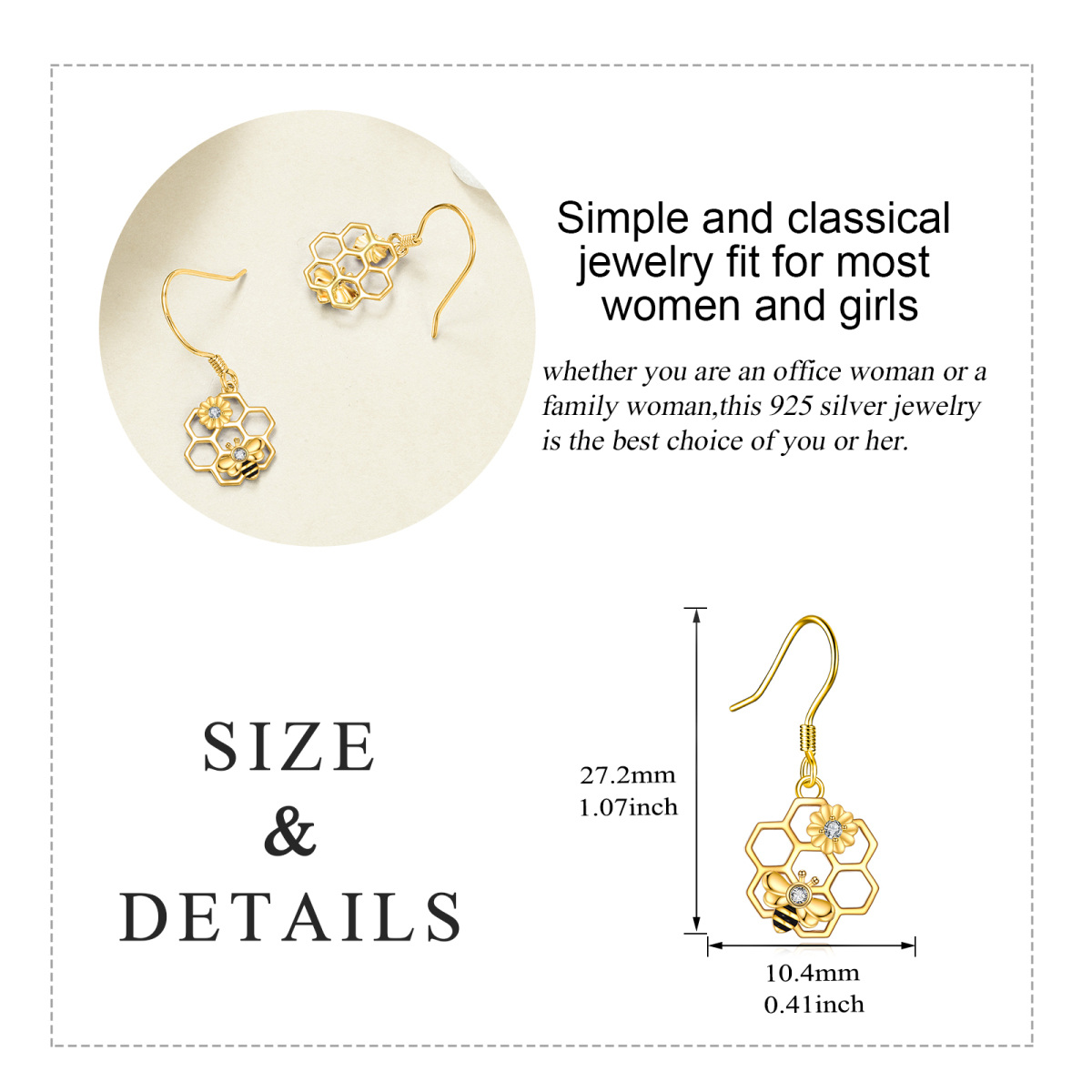 10K Gold Circular Shaped Cubic Zirconia Bee & Sunflower Drop Earrings-6