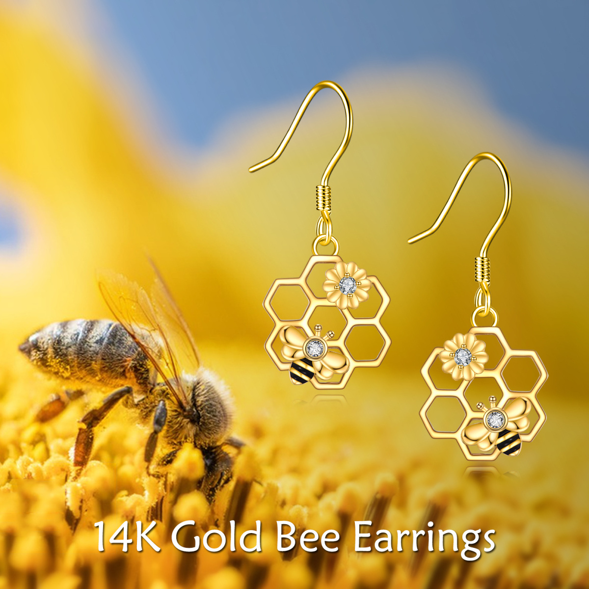 10K Gold Circular Shaped Cubic Zirconia Bee & Sunflower Drop Earrings-7